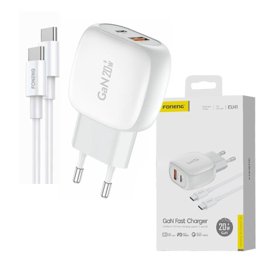 Carregador Foneng EU41 Portas Dual (USB A+Tipo C) PD+QC 20W com Cabo Tipo C para Tipo C Branco